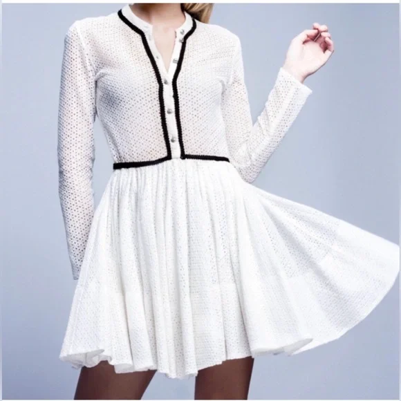 MAJE Rayane Ivory Black Piping Eyelet Lace Puffball Lined Dress Size 3 Large - Picture 14 of 14